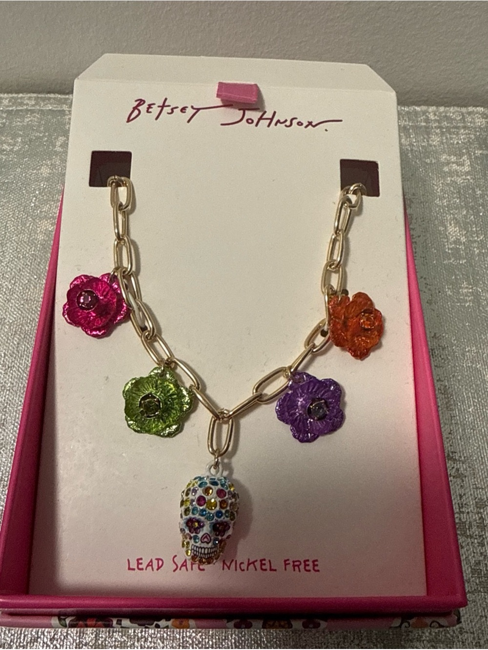 Betsey Johnson Gold Tone Skull & Flower Bracelet or necklace Signed Nickel-Free